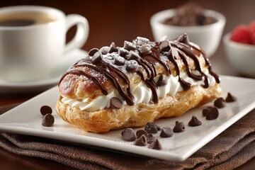 Aufkleber - Delightful pastry with cream filling and chocolate drizzle served with coffee and berries