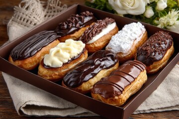 Poster - Delicious assorted pastries with chocolate and cream toppings arranged perfectly in a box