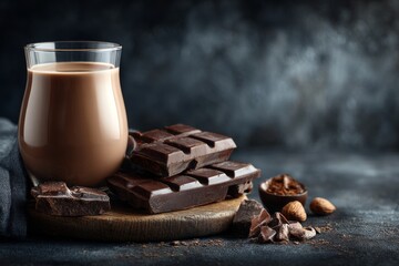 Aufkleber - Creamy chocolate drink with dark chocolate bars and almonds on wooden board
