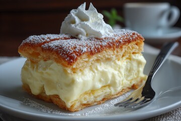 Poster - Delicious pastry with cream filling topped with whipped cream and powdered sugar on a plate in a cozy cafe setting
