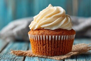 Poster - Delicious golden cupcake topped with creamy frosting on rustic wooden table