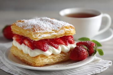 Poster - Flaky pastry with fresh strawberries and cream served with tea on a rustic table