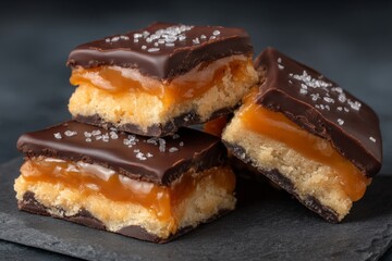 Poster - Delicious caramel-filled chocolate treats stacked elegantly on a dark slate background