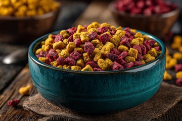 Poster - Colorful cereal mix filled with crunchy treats sitting in a blue bowl on a wooden table