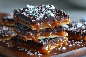 Poster - Delicious layered caramel and chocolate dessert with sea salt, perfect for sweet cravings and gatherings