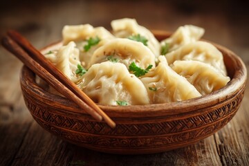 Poster - Delicious homemade dumplings served in a rustic bowl with chopsticks on a wooden table