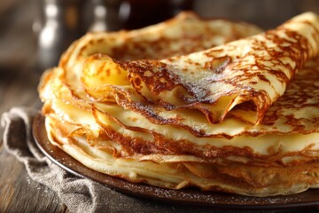 Aufkleber - Delicious golden crepes stacked on a wooden table at a cozy breakfast setting