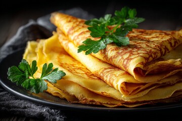 Aufkleber - Perfectly made crepes garnished with fresh parsley on a dark wooden table at dinner time