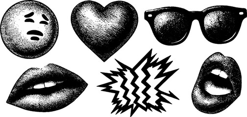 Poster - vintage engraved emoji and pop art elements for creative design