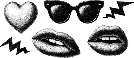 Poster - Engraved illustration of emojis featuring hearts, sunglasses, and lips for creative designs
