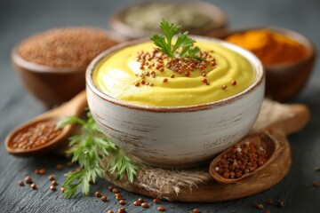 Poster - Mustard sauce with spices in wooden bowls and a rustic setting in a kitchen environment during the daytime