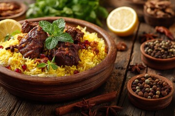 Aufkleber - Delicious meat and rice dish with spices, fresh herbs, and lemon on a rustic wooden table