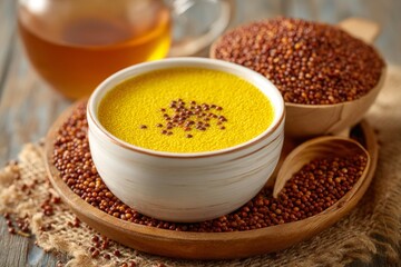 Poster - Mustard seeds and bright yellow mustard paste arranged beautifully on a wooden tray