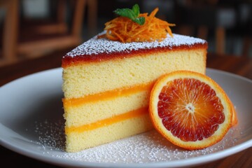 Poster - Deliciously layered citrus cake slice with vibrant orange garnish on a white plate