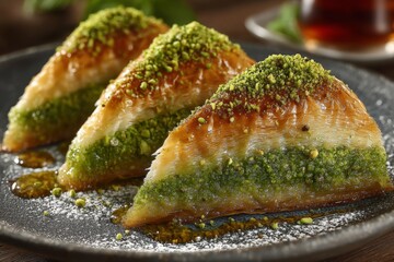 Aufkleber - Delicious layers of baklava topped with pistachios served on a dark plate in a cozy setting