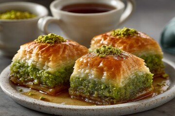 Aufkleber - Baklava with pistachio filling and syrup served on a plate alongside tea