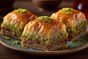 Poster - Delicious baklava served on a decorative plate in a warm setting with rich colors and textures, highlighting a traditional dessert