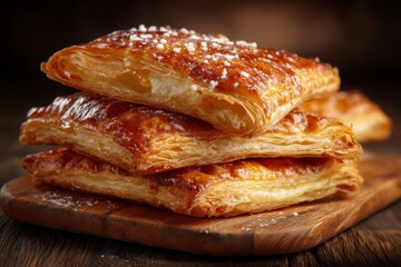 Poster - Flaky pastry stacked on a wooden board with a sprinkle of sugar in a warm, rustic kitchen setting