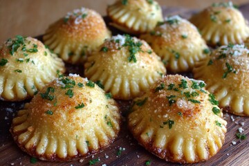 Poster - Savory golden dumplings garnished with herbs and cheese arranged on a wooden board in a cozy kitchen setting