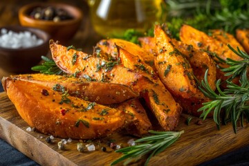 Poster - Sweet potato wedges seasoned with herbs and spices on wooden cutting board in kitchen setting