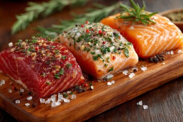 Poster - Deliciously seasoned salmon fillets arranged on a wooden platter with fresh herbs in a cozy kitchen setting