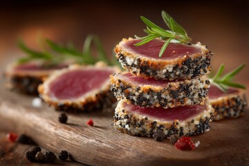 Aufkleber - Savoring a culinary delight with stylishly plated tuna coated in sesame seeds and herbs at a rustic wooden table