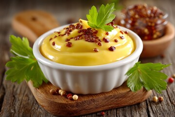 Poster - Mustard sauce in a bowl garnished with herbs on a rustic wooden table