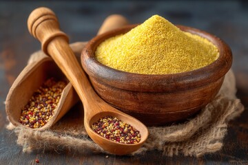Poster - Golden milled grain and colorful mustard seeds arranged in wooden bowls on rustic fabric