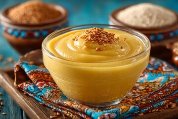 Poster - Creamy tahini paste garnished with sesame seeds sits on a vibrant cloth alongside various ingredients in a rustic setting