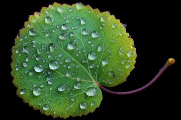 Poster - Close-up of a green leaf with rain droplets captured in sharp detail during early morning hours, showcasing nature's beauty