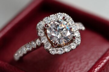 Aufkleber - Elegant diamond ring displayed on a luxurious velvet cushion in soft lighting capturing its brilliance