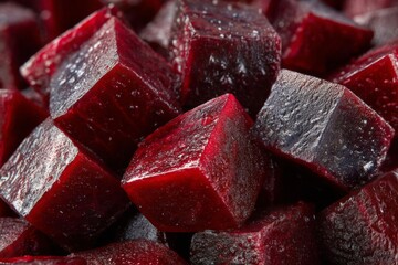 Poster - Freshly diced red beets displayed in a vibrant pile showcasing their natural color and texture in a kitchen setting