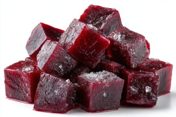 Poster - Sweet and chewy berry-flavored gelatin cubes stacked neatly on a white background