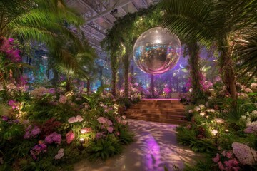 Aufkleber - Enchanting floral venue with disco ball illuminated by colorful lights during a nighttime event