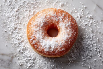 Poster - Freshly baked donut with powdered sugar topping on a marble surface captured in natural light