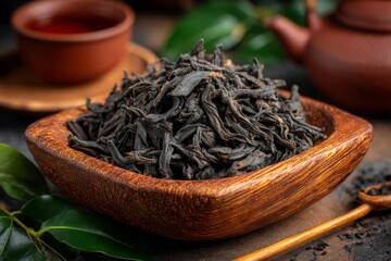 Aufkleber - Richly textured black tea leaves arranged in a wooden bowl with a teapot and cup in the background, showcasing a serene moment for tea lovers