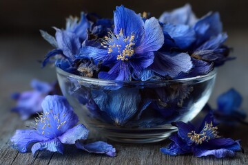 Poster - Vibrant blue flowers arranged in a glass bowl on a rustic wooden surface showcasing nature's beauty