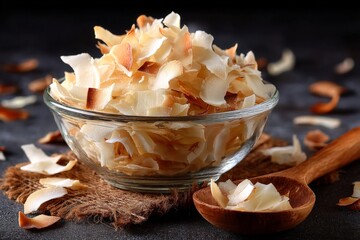 Poster - Coconut flakes in a glass bowl on a rustic cloth with scattered pieces around