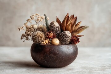 Poster - Unique arrangement of dried flowers and natural elements in a rustic ceramic bowl on a neutral background