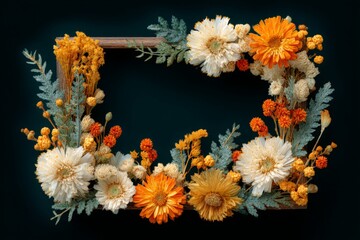 Poster - Colorful floral arrangement in a wooden frame showcasing vibrant yellow and white blooms with green accents