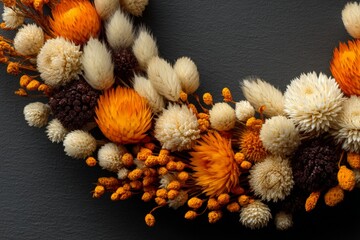 Poster - Vibrant wreath made of dried flowers and grasses in autumn colors on a dark background