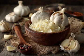 Poster - Fresh garlic and garlic flakes arranged in a rustic setting with spices and wooden utensils