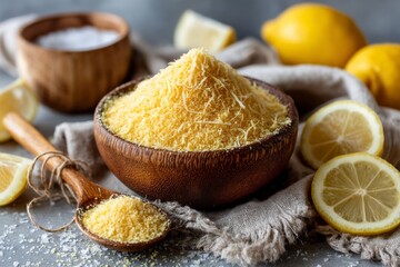 Poster - Bright and fresh lemon zest piled in a wooden bowl with sliced lemons and a small bowl of salt