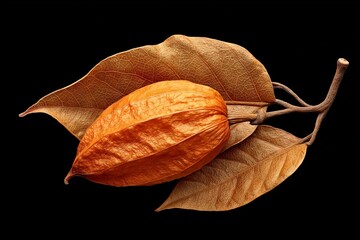 Aufkleber - Unique dried fruit enclosed by leaves showcases natural beauty in detailed close-up on black background