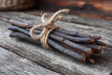 Poster - Bundle of twigs tied with twine on rustic wooden surface in natural light