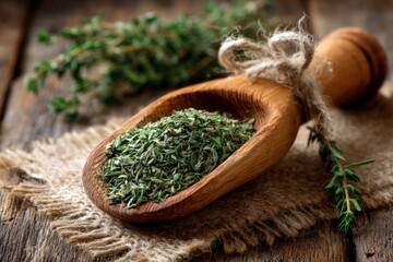 Poster - Fresh thyme and dried thyme in a wooden scoop on a rustic table