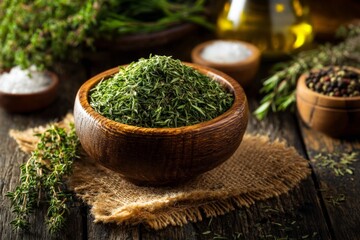 Poster - Freshly harvested thyme in a rustic wooden bowl with herbs and oil on a wooden table in a kitchen setting