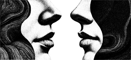 Poster - intricate engraved split portraits design highlighting symmetry and contrast