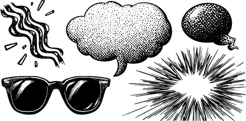 Poster - retro engraved set with squiggle lines, speech bubble, sunglasses, and explosive burst design