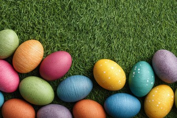 Aufkleber - Colorful Easter eggs scattered on green grass create a festive spring atmosphere for holiday celebrations and family gatherings